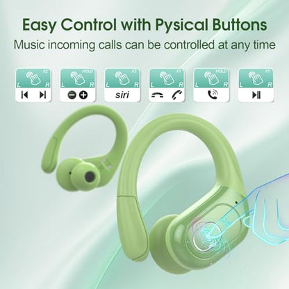 Wireless Earbuds 75H Bluetooth 5.4 Sport Headphones with Earhooks, Green | IPX7 Waterproof In-ear Buds Feature ENC Noise Cancelling Mic & Deep Bass. Stereo Sound Device for Gym Running Workout - color: Green
