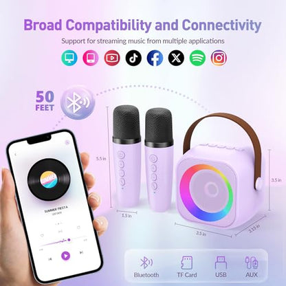 Karaoke Machine,Mini Portable Karaoke Speaker with 2 Wireless Microphones - color: Purple