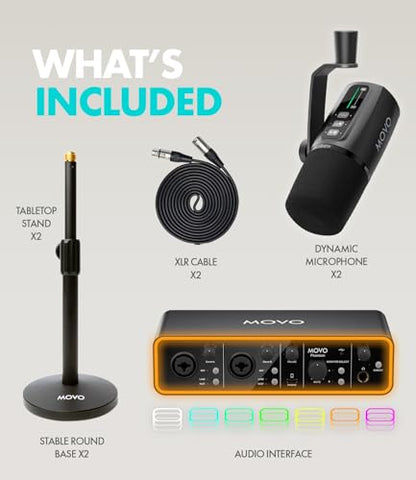 Movo Podcast Equipment Bundle - Phantom USB Audio Interface, 2 UM6 XLR/USB-C Dynamic Microphones, and 2 Tabletop Stands - Dual Microphone Setup for Professional Podcasting and Streaming - style: with 2 Microphones and Desk Stands