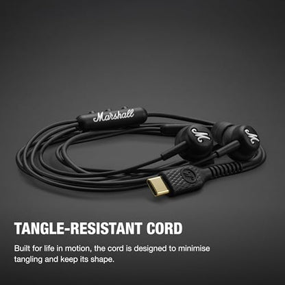 Marshall Mode USB-C 유선 이어버드 - 내장 마이크 | 맞춤형 핏 | 엉킴 방지 코드 | 다이나믹 드라이버 - 블랙