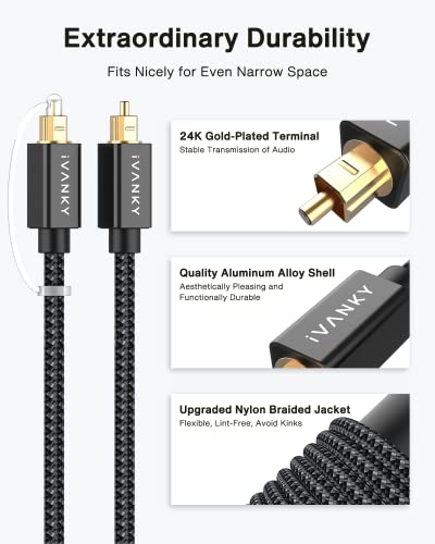 IVANKY Optical Audio Cable 3.3ft, Toslink Fiber Optic S/PDIF Digital Audio - color: Black, size: 3.3 ft, style: Straight Cable
