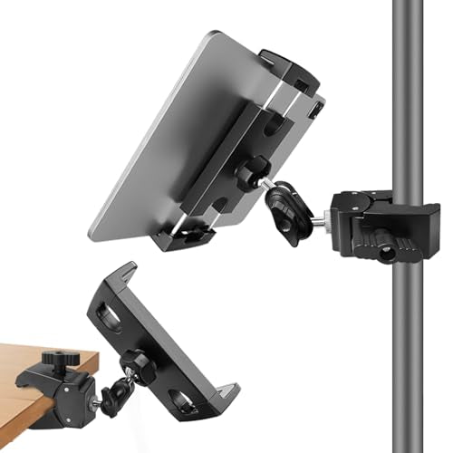 Mic Stand Tablet Holder, 360° Swivel iPad Mic Stand Holder Phone iPad Holder for Mic Stand/ Treadmill/ Spin Bike/ Peloton Exercise Bike Handlebar Mount, Fits 4-12.9" iPad, iPhone, Android Smartphones - size: 4 Inch Arm