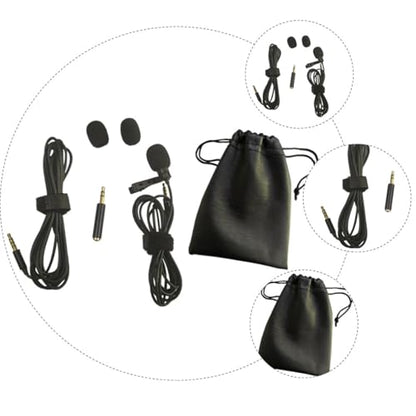 Lapel Clip Microphone Kit with Clip-On Mic, 2M Long Wire Recording Microphone Set, ABS Plastic Collar Lavalier Mic for Interview and Hands-Free Use with PU Leather Pouch and 3.5Mm