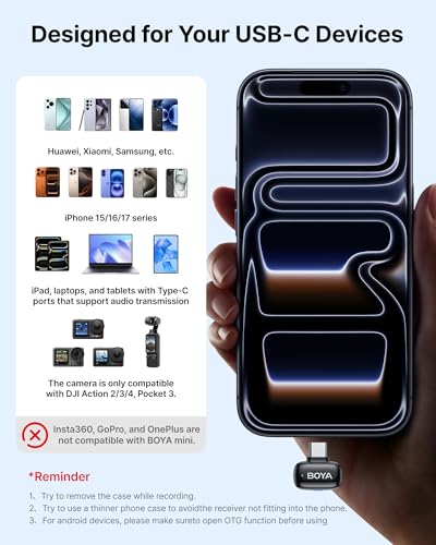 BOYA mini 2 Wireless Lavalier Microphone for iPhone 15/16/17 & Android | AI Noise Cancellation, App Control, 30H Battery Life with Charging Case for Vlogging Interviews and Content Creation - color: Black