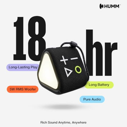 HUMM GLO Compact Waterproof & Dustproof Portable Bluetooth Speaker, Black | Features Ambient LED Lights & Hanging Strap, Stereo Pairing, Up to 18 Hours Playtime, Perfect for Travel, Bike & Beach - color: Black