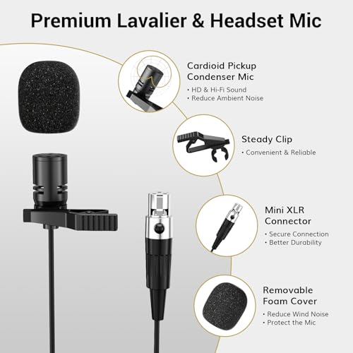 TONOR UHF Wireless Microphone System, 1 Set of Bodypack & Lavalier Mic | UHF Headset Lapel Mic, Rechargeable Receiver, 15 Channels 60 m/200ft Range 1/4" Output for Teaching, Recording ,Tour Guide