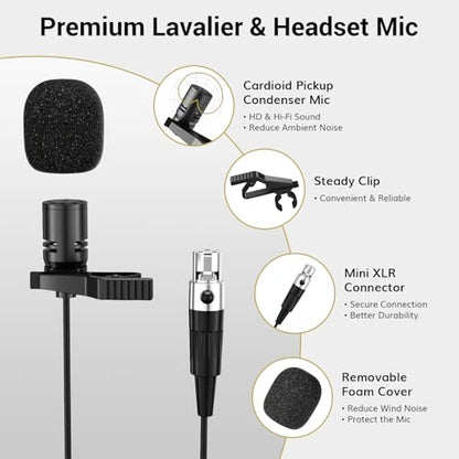 TONOR UHF Wireless Microphone System, 1 Set of Bodypack & Lavalier Mic | UHF Headset Lapel Mic, Rechargeable Receiver, 15 Channels 60 m/200ft Range 1/4" Output for Teaching, Recording ,Tour Guide