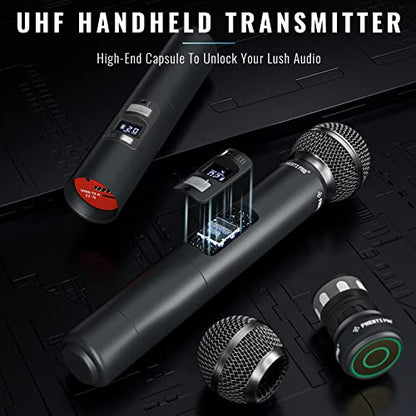 Phenyx Pro 4 Channel UHF Auto Scan Wireless Microphone System PTU-7000-4H | 4 x 40 Frequencies, 328 ft Range, 4 Handheld Dynamic Microphone for Singing, Church, Karaoke, Wedding, Public speaking, DJ