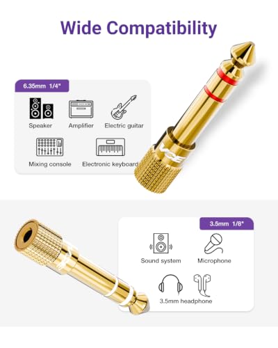 VCE 3.5mm to 1/4 Adapter Stereo Headphone Adapter, 24K Gold-Plated, 2-Pack, White and Red - color: White and Red