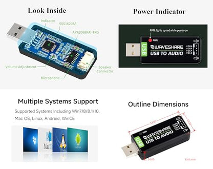 USB Sound Card, Compatible with Raspberry Pi 5/4B/3B+/3B/Pi Zero W/Zero 2W/Pico W/Pico 2W and Jetson Nano Series, USB Audio Module,Onboard Microphone/Speaker Header, Driver-Free