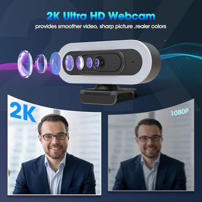 ToLuLu 2K Streaming Webcam Web Cam, LED RGB Webcam with Microphone & Light - style: 2K Autofocus RGB Ring Light webcam