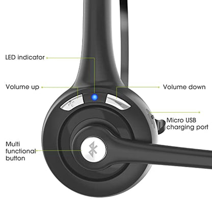 Bluetooth Wireless Headset with Microphone,V5.1,Noise Canceling Wireless On Ear Headphones, Bluetooth Headphones with Mic, Phone Headset Mute Button for Laptop, Skype, Call Centers, Office, Trucker