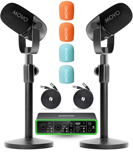 Movo Podcast Equipment Bundle - Phantom USB Audio Interface, 2 CastMic XLR Dynamic Microphones, and 2 Tabletop Stands - Complete Studio Setup for Professional Podcasting and Streaming - style: with 2 Microphones and Desk Stands