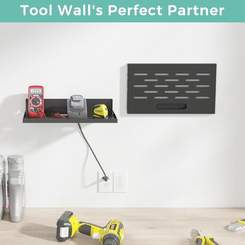 Router Shelf Wall Mount Foldable - 14" Width for Router and Modem | Fold Up Metal Shelf w/Cable Hole & Heat Vents | Space-Saving Holder for WiFi Devices/TV Box (14" W×8" D, Black) - color: Black (14-inch)