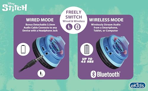Disney Stitch Bluetooth Headphones for Kids, Wireless Headphones for School | Volume Reduced and Built-in Microphone - color: Stitch