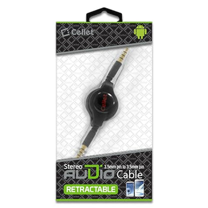 Cellet Retractable Stereo Auxiliary Cable – 32" Extendable Aux Cord for Car, Headphones, Speakers & More – Compact, Tangle-Free Design – 3.5mm Male to 3.5mm Male Audio Jack – Black
