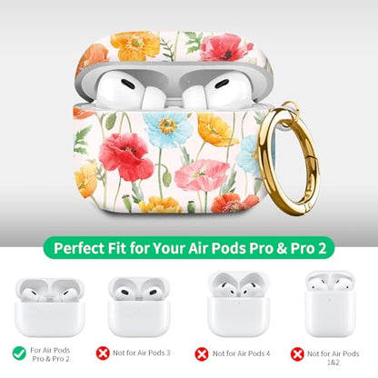 Compatible with Airpod pro 2nd/1st Generation Case Cover with Gold Round Keychain Cute Pattern Hard & Anti Slip Cover for Men Women & Girls（Blue Flowers） - color: Blue Flowers