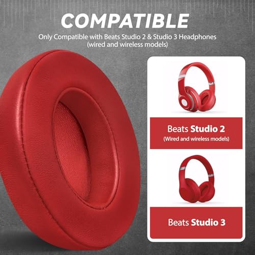 Aurivor Studio 3 Replacement Ear Pads for Beats Studio 3 & 2 Headphones, Cushions Earpads with Genuine Lambskin Leather, Softer Memory Foam, Stronger Adhesive (Lambskin-Red) - color: Lambskin-Red