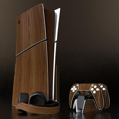 PlayVital Full Set Skin Sticker for ps5 Slim Console Disc Edition (The New Smaller Design), Vinyl Skin Decal Cover for ps5 Controller & Headset & Charging Station & Media Remote - Wood Grain - color: Wood Grain