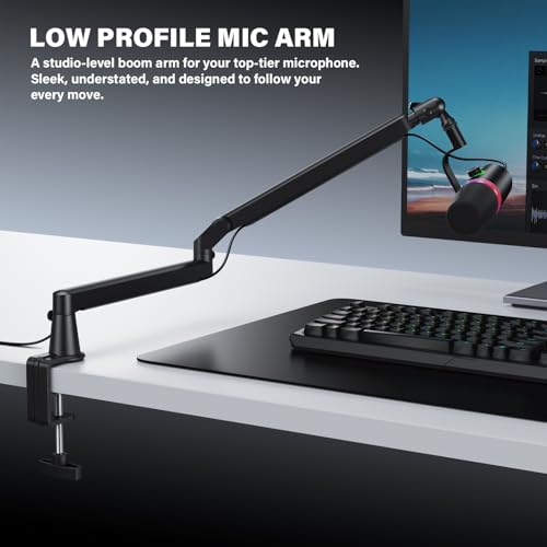 Low Profile Mic Arm, Cable Management Microphone Boom Arm, Full Aluminum Adjustable Mic Stand with Desk Clamp, 360°Rotatable Heavy Duty Microphone Stand for Streaming, Podcasting, Recording