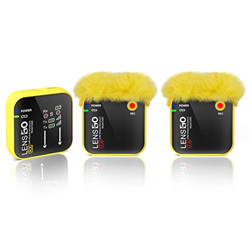 LENSGO 348C 2.4Ghz Wireless Lavalier Microphone 32GB TF Card Slot Compact Lav Mic 2 Transmitter and 1 Receiver Wireless Lapel Microphone for iPhone Smartphone Camera Vlog YouTube Interview Streaming Y - color: Yellow-2s