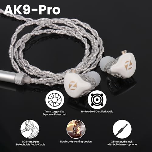 AK9 PRO Wired IEM Earbuds, Hi-Res Audio, 11mm Dynamic Driver, Detachable 2-Pin Cable, Noise Isolating in-Ear Monitors for Music, Gaming & Smartphones - color: White