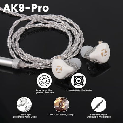 AK9 PRO Wired IEM Earbuds, Hi-Res Audio, 11mm Dynamic Driver, Detachable 2-Pin Cable, Noise Isolating in-Ear Monitors for Music, Gaming & Smartphones - color: White