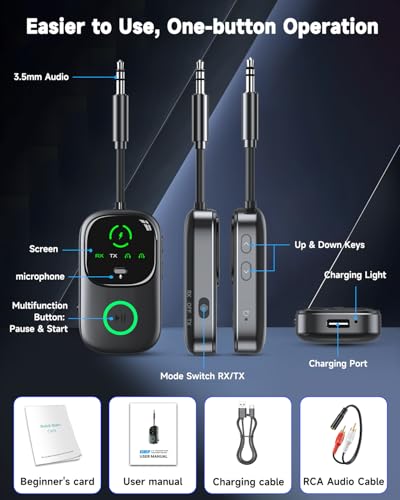 LED Display 2 in 1 Bluetooth 6.0 Transmitter Receiver 3.5mm AUX Jack RCA Wireless Audio Adapter Dongle for Airpods Headphones TV Airplane Flight Car Speaker Home Stereo, Dual Pairing & Handsfree Call - color: Black AUX+RCA Cable