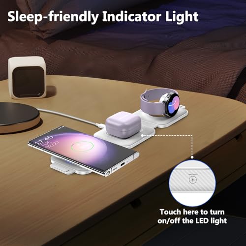 Travel Charger for Samsung Multi Devices, Foldable 3 in 1 Wireless Charging Station Fast Charging Stand/Pad Compatible for Samsung Galaxy S25/S24/S23/S22/S21/Note20 Galaxy Watch8/7/6/5/4/Galaxy Buds4 - color: white