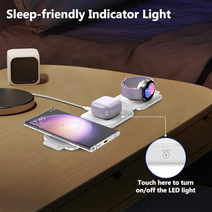 Travel Charger for Samsung Multi Devices, Foldable 3 in 1 Wireless Charging Station Fast Charging Stand/Pad Compatible for Samsung Galaxy S25/S24/S23/S22/S21/Note20 Galaxy Watch8/7/6/5/4/Galaxy Buds4 - color: white