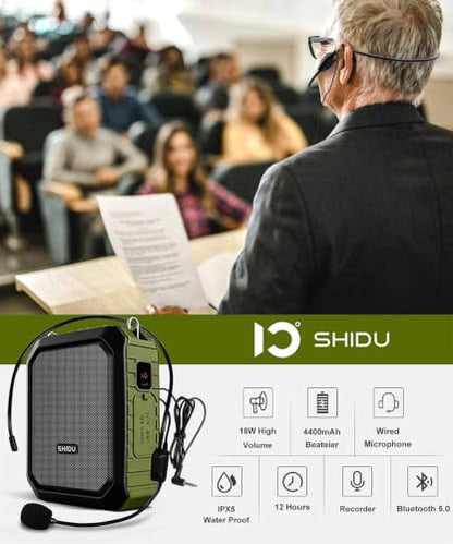 SHIDU Voice Amplifier for Teacher with Portable Microphone Waterproof | 18W Microphone with Speaker with Wired Mic Headset, IPX5 Waterproof Bluetooth Speaker Systems for Guide, Coach (NOT Wireless) - color: Green