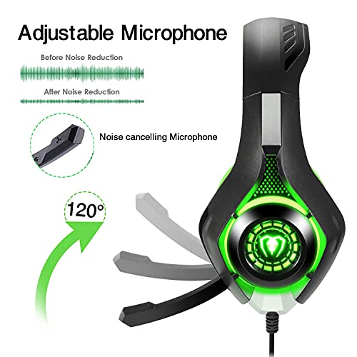 BlueFire Wired Gaming Headset for PS4 PS5 Xbox One PC – Over-Ear Headphones with Surround Sound, Noise Canceling Mic, Soft Memory Foam, LED Light, 3.5mm Jack for Console & Laptop (Green) - color: Green