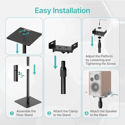 Height-Adjustable Speaker Stands Pair, Black | Height Adjustable from 33.4" to 44", 11LBS Capacity, Surround Sound Speaker Stands, Cable Management, 1 Pair