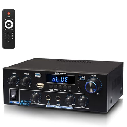 AK55 Stereo Audio Amplifier,600W 2 Channel with Bluetooth 5.0 | Power Stereo Amplifier Receiver with USB,RCA,AUX,MIC,Echo,Coax,Optical Input for Garage, Studio,Home Theater Speakers - color: Black