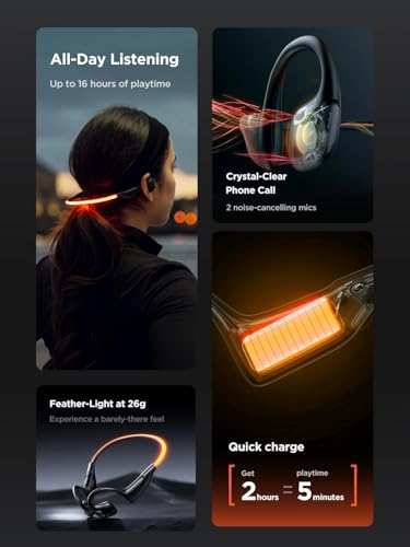HAKII Light 2 Open Ear Headphones, IPX5 Running Headphone with 180° Ultra-Bright Beacon String, BT 6.0, 16H Playtime, Air Conduction Headphones Open Ear Earbuds for Fitness, Cycling, Outdoor - Orange