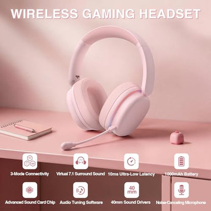 AULA G7 Pro Wireless Gaming Headset with 7.1 Surround Sound, 40mm Driver,BT5.3 Gaming Headphones with Mic, RGB, 10ms Latency, 65H Battery,Pink Gaming Headset for PS5,PS4, Switch,PC,Wired Mode for Xbox