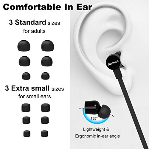 Joymiso Wired Earbuds for School Kids Women Small Ears w Mic and Case Black | Volume Control, 6 Sizes Tips, Lightweight Comfortable, Tangle Free Flat Cable, in Ear Headphones for Cell Phone Laptop Tablet