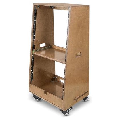 Sound Town DIY Slanted 20U Studio Rack (12U Top + 8U Lower), with 2U Bottom Storage, Slide-Out Tray, Caster, Plywood, Weathered Brown for Recording Room, Home Studio (SDRK-ST20TB) - size: 20U(12U Top + 8U Lower),Weathered Brown