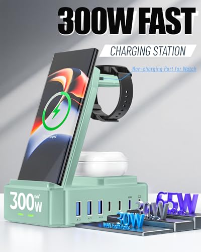 300W Wireless Charger for Samsung,Zutspzss 10 in 1 Wireless Charging Station, 65W USB C Fast Charging Stand for Samsung S25 Ultra/S24/S23/S22/Z Fold,Galaxy Watch Ultra7/6/5,Galaxy Buds,Green - color: Green