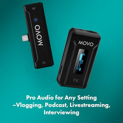 Movo WMX-2-C Wireless Microphone for USB-C Devices – Wireless Lavalier Mic System with Charging Case – Clip-On Lapel Mic for iPhone 15 and Up, Android, iPad Pro, MacBook – 7HR Battery, 328ft Range - style: 1 Transmitter
