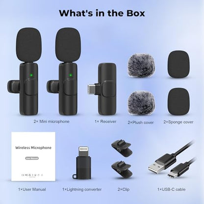 Wireless Microphone for iPhone, Android Wide Compatibility Noise Reduction Clear Sound Lavalier Microphone for Podcast, Video Recording, Live Streaming, YouTube, Tiktok, Vlog, 2 Pack