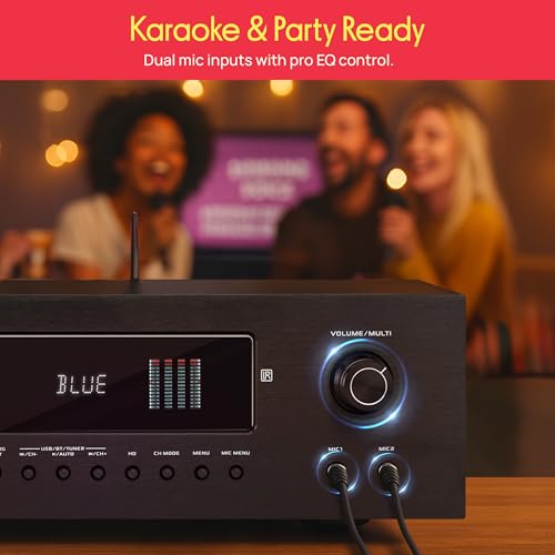 Pyle 1000W Bluetooth Home Theater Receiver - 5.2 Channel Surround Sound Stereo Amplifier System with 4K Ultra HD, 3D Video & Blu-Ray Video Pass-Through Supports, HDMI/MP3/USB/AM/FM Radio - Pyle, Black