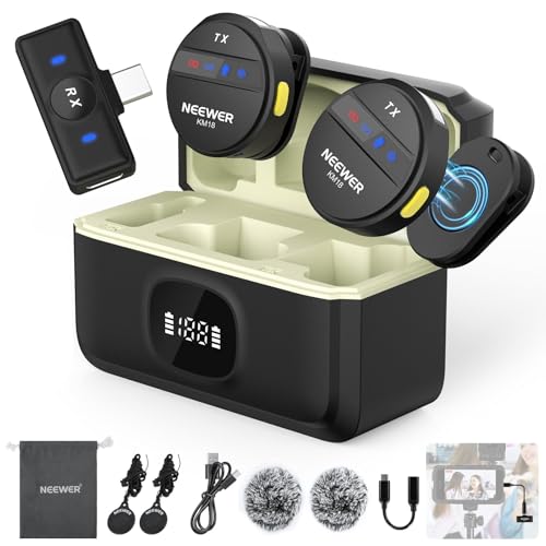 NEEWER Wireless Lavalier Microphone System Compatible with iPhone Android Phone PC Laptop Computer, Noise Cancelling Mini Lapel Mic Set with USB C OTG Charging Case 24H Battery 200m Long Range, KM18