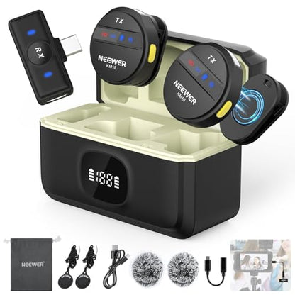 NEEWER Wireless Lavalier Microphone System Compatible with iPhone Android Phone PC Laptop Computer, Noise Cancelling Mini Lapel Mic Set with USB C OTG Charging Case 24H Battery 200m Long Range, KM18