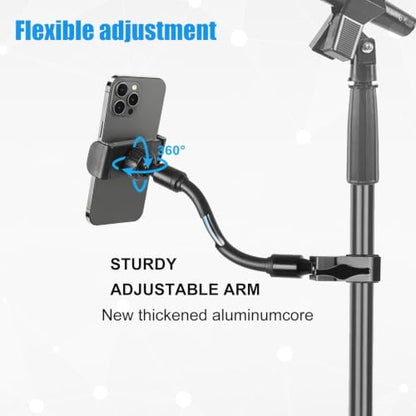 Mic Stand Phone Holder, Aluminum Alloy Clamp Flexible Gooseneck Arm Phone Holder for Microphone Stand Ring Light Tripod Pole Tube Rod Desk Table, for iPhone, Samsung Galaxy, and Any Smartphones