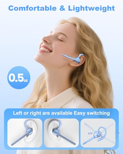 Bluetooth Headset,72H Work Single-Ear Wireless Earpiece for Cell Phone Call | 2 Charging Ways & 500mAh Charging Case,Dual Mic ENC Noise Cancel, Mute Button,V5.1 Hands-Free for Phone and Laptop - color: Light blue, style: M54
