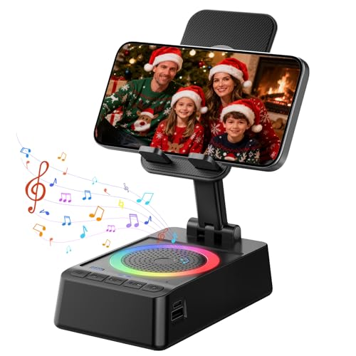 Gifts for Men Women, Cell Phone Stand with Wireless Bluetooth Speaker, 4 in 1 Bluetooth Speaker, for Men Women Teens, LED Lights 360° Phone Holder Compatible with Phones iPad - color: Jet Black