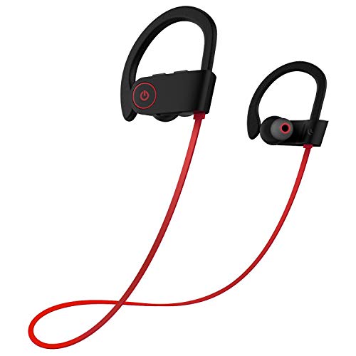 IPX7 Waterproof Wireless Headset Sports Bass Wireless Bluetooth 5.0 Earphones Hanging Ear with Microphone (Red) - color: Red