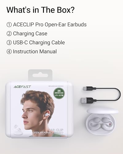ACEFAST AceClip Pro Open-Ear Earbuds, Wireless Clip-On Earbuds with 3× Larger Drivers, Outdoor Boost Mode, AI Noise Cancelling Calls, 28H Playtime, IP55 Waterproof, App & Click Control, Lightweight - color: White