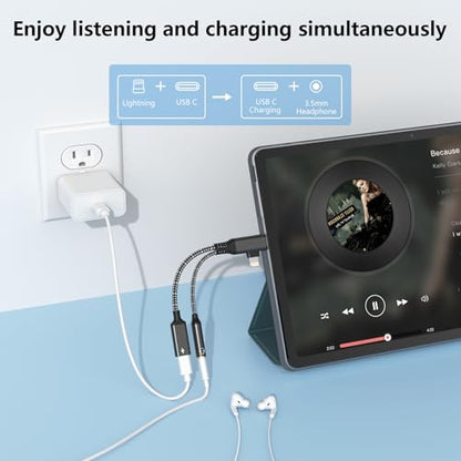 2-in-2 Lightning & USB C to 3.5mm Aux Audio Jack Headphone+Type-C Charge Cable Splitter，Earphone Converter Adapter for Music+Charge+HiFi for iPhone14 13 12,iPad,Samsung【Apple MFi Certified】-Black